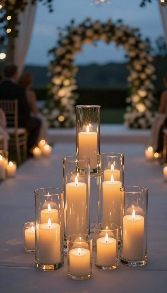 Evening wedding aisle lit with glass hurricane candles