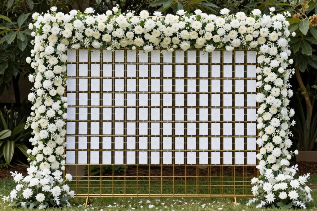 Floral escort card display at garden wedding
