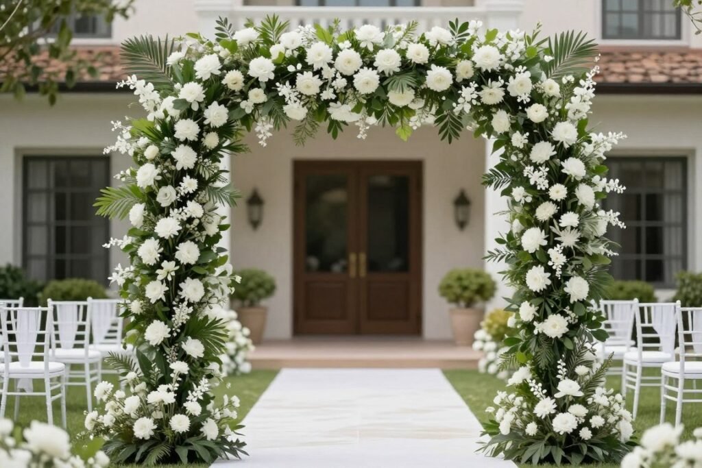 Floral welcome arch at garden wedding entrance