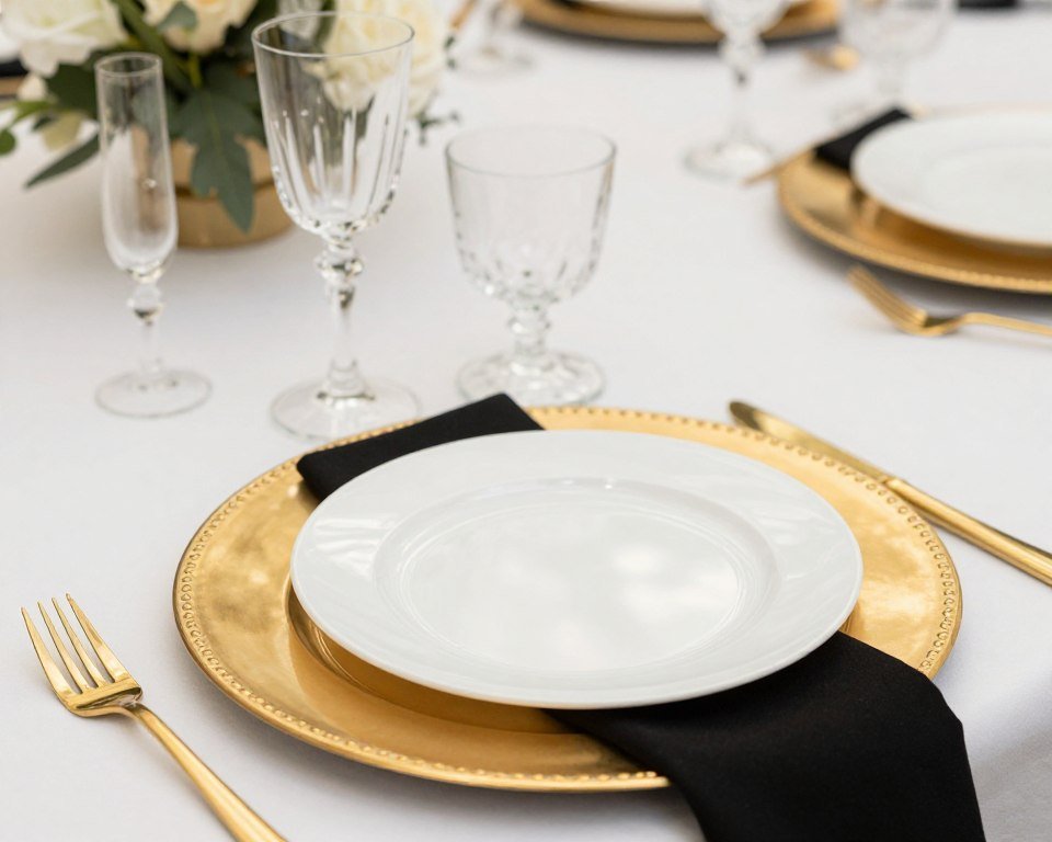 Formal place setting with gold charger plate and crystal glassware