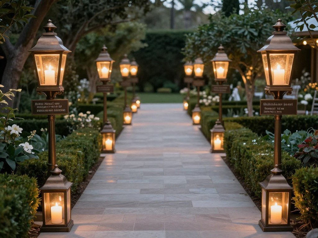 Garden pathway lined with matching lanterns