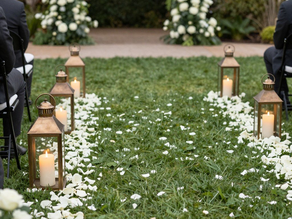 Garden wedding aisle with lanterns and rose petals