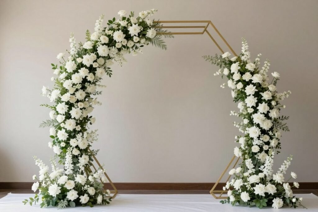 Geometric arch with organic florals at garden wedding