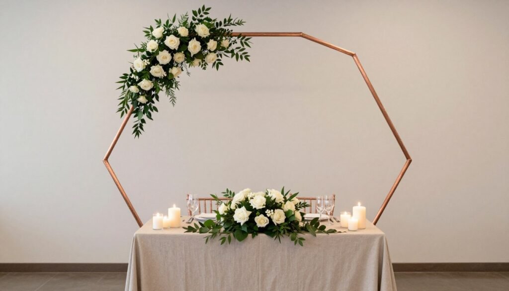 Geometric copper pipe arch with flowers at wedding reception sweetheart table