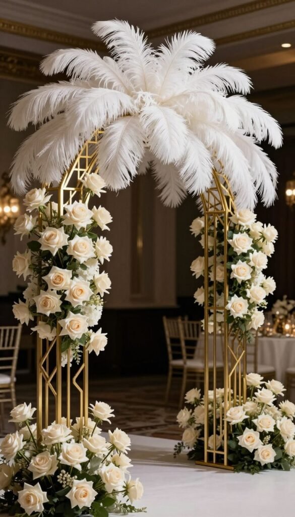 Glamorous wedding arch with feather accents and art deco design for luxury ceremonies Glamorous wedding arch with feather accents and art deco design for luxury ceremonies