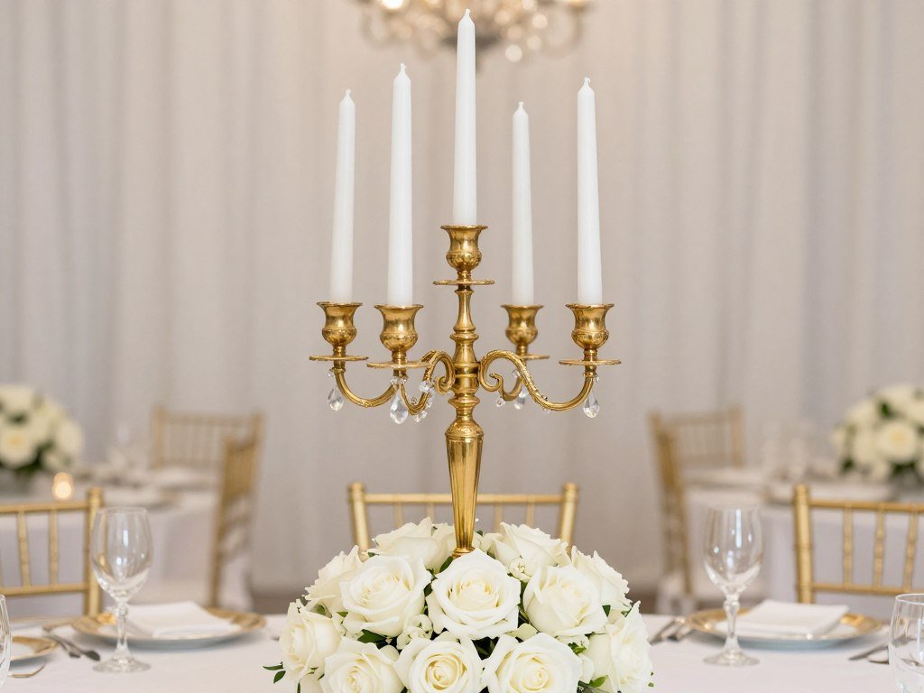 Gold candelabra centerpiece with white candles