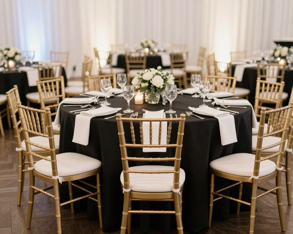Gold chiavari chairs at elegant black tie wedding reception