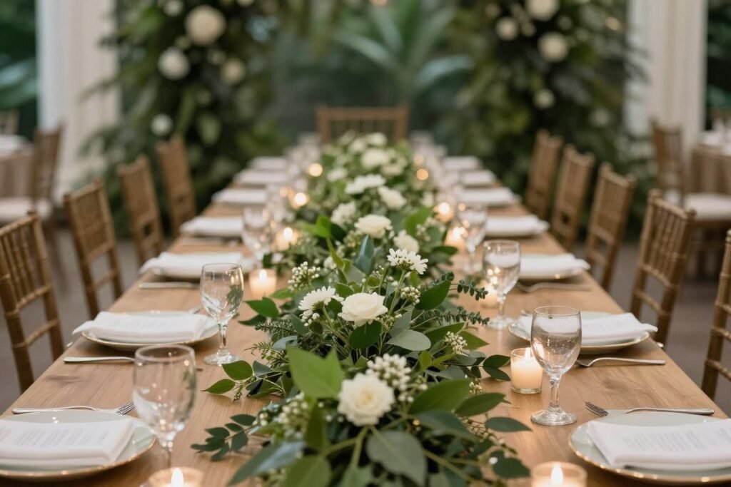 Greenery garland table runner with candles