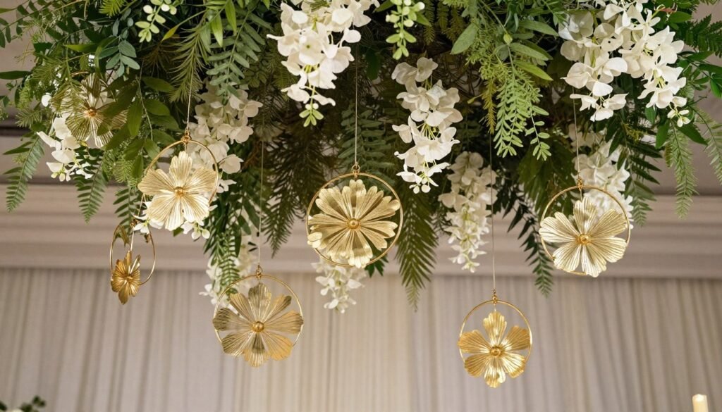 Hanging floral hoops above garden reception