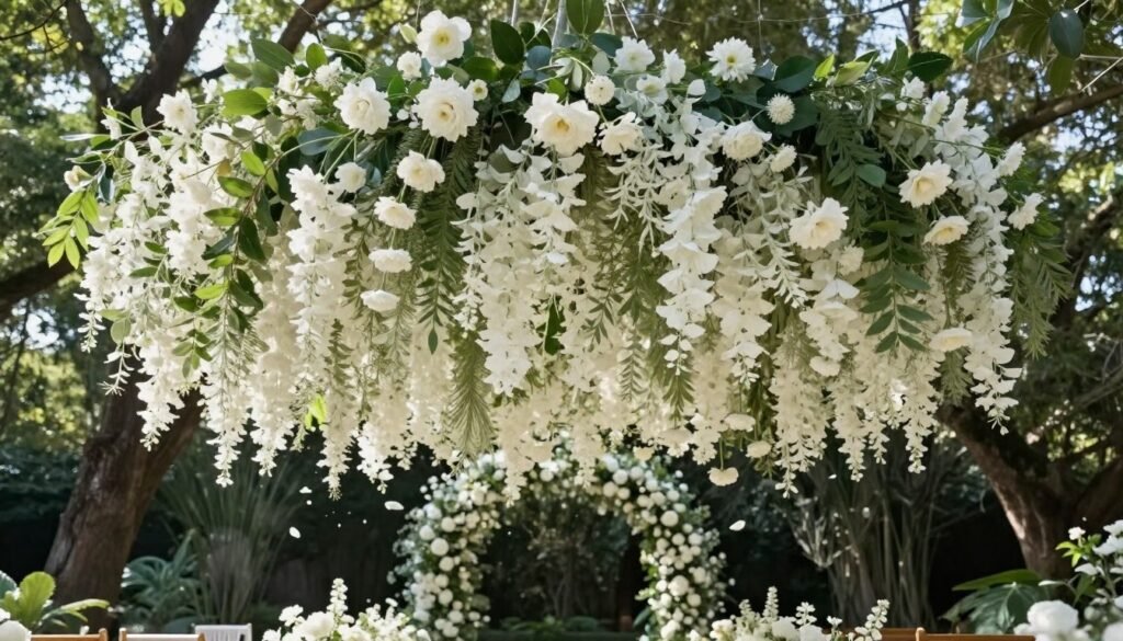 Hanging floral installation at garden ceremony