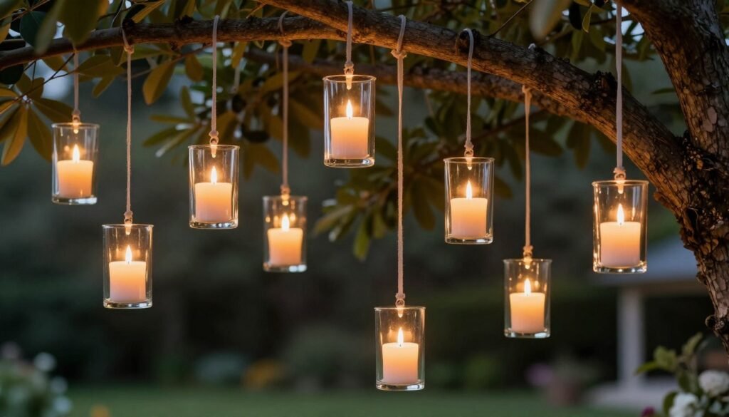 Hanging glass votives in tree branches