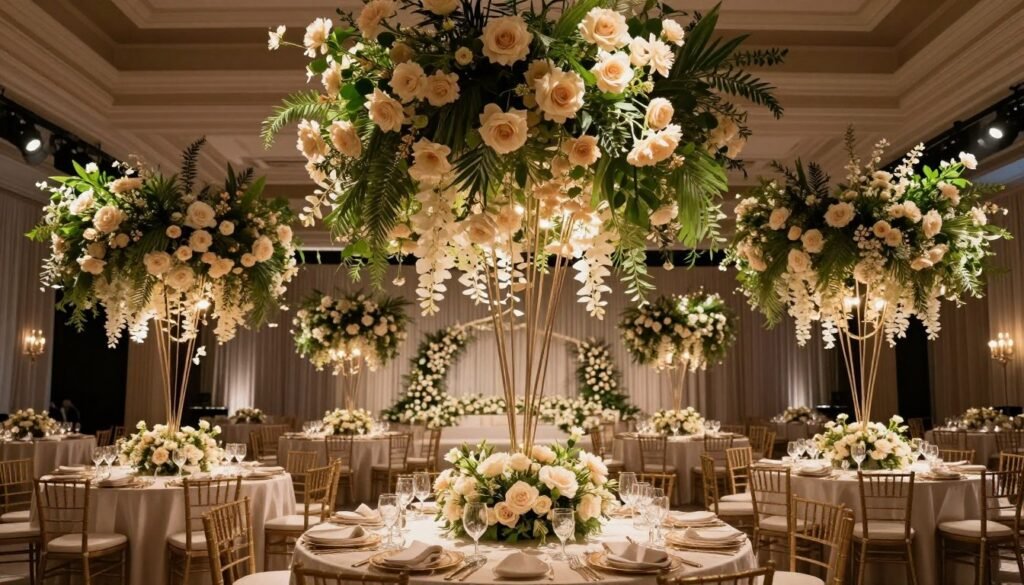 Hanging neutral floral installation above reception tables