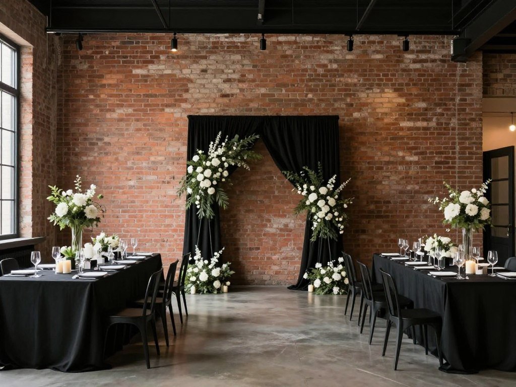 Industrial venue transformed for modern black tie wedding