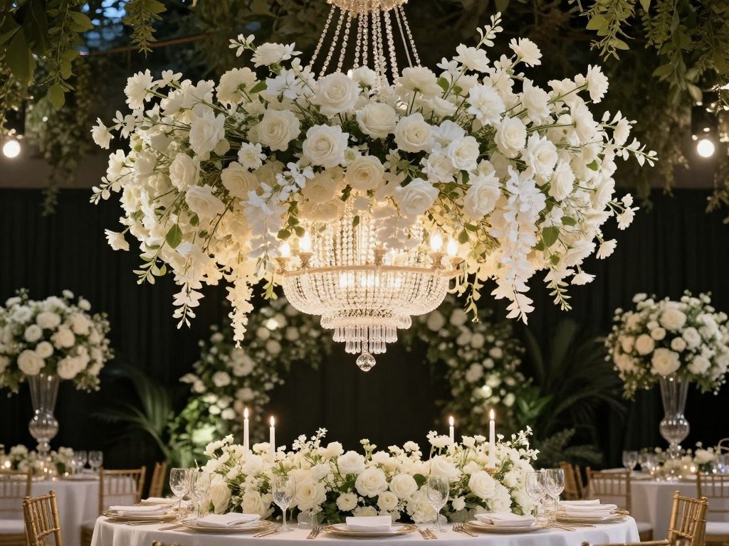 Large floral chandelier above sweetheart table