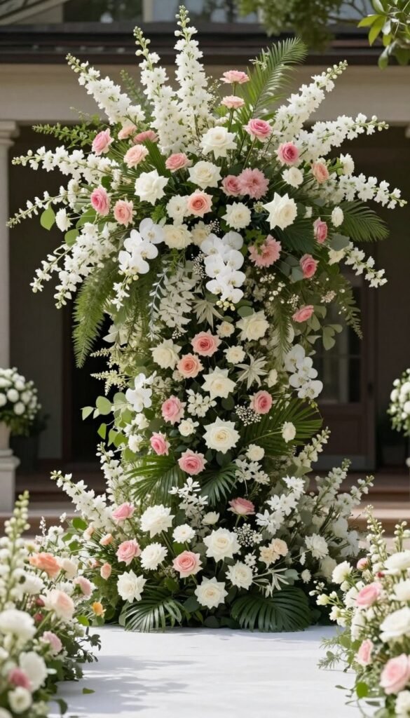 Large statement floral arrangement at wedding aisle entrance