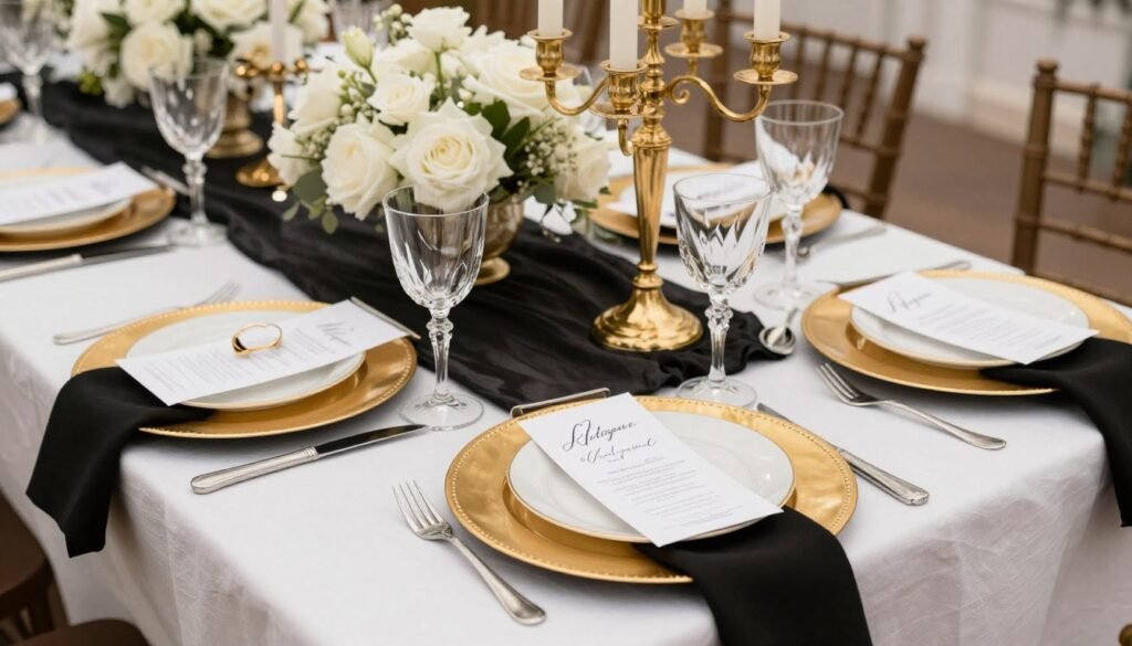 Layered black tie wedding tablescape with multiple elements