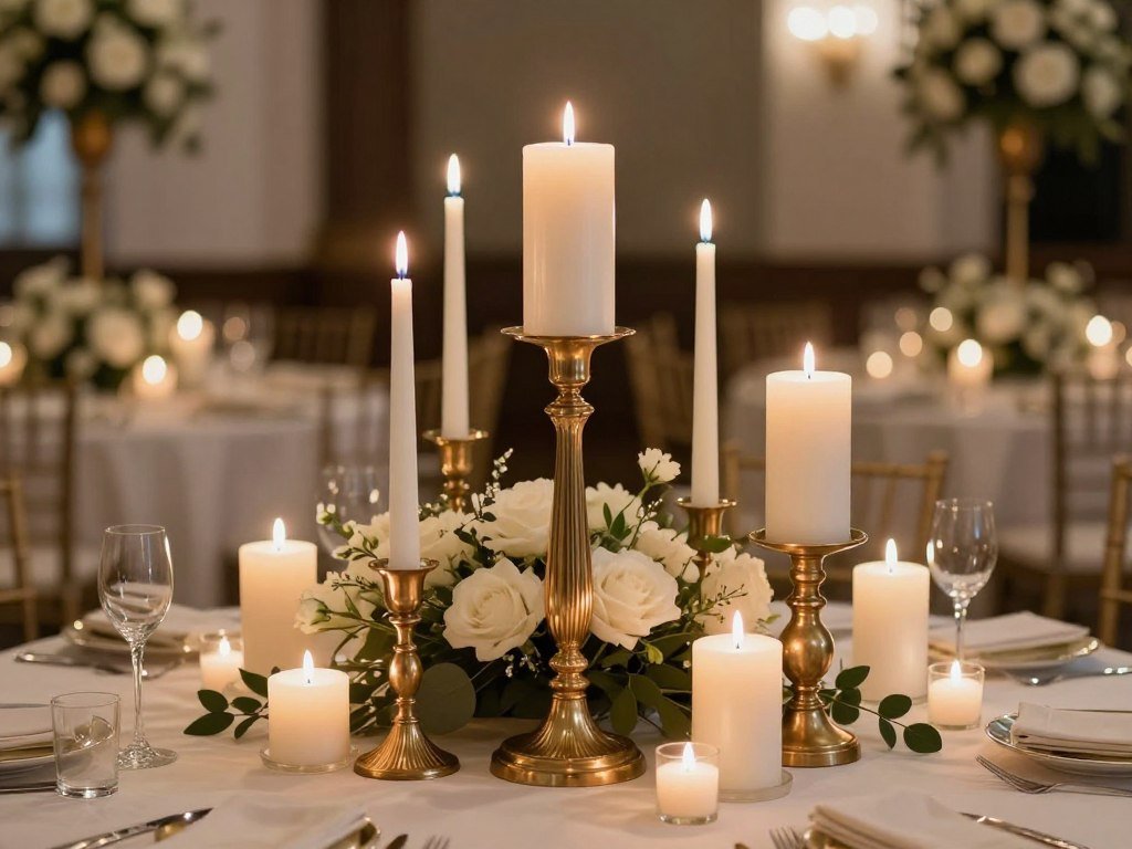 Layered candlelight centerpiece on garden reception table