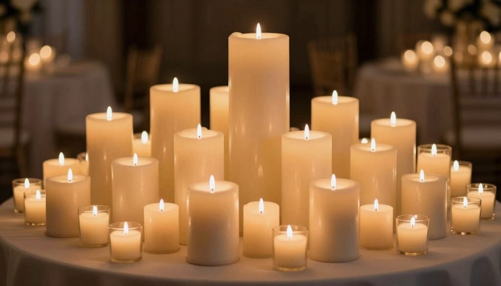 Layered candles at multiple heights on table