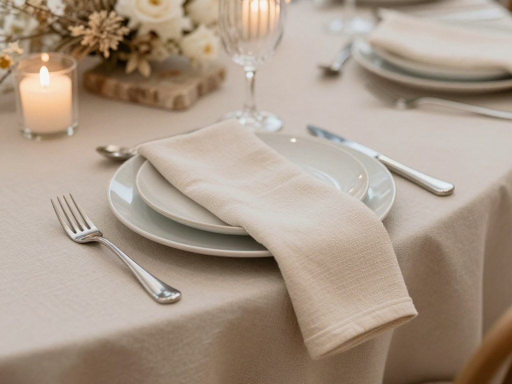 Layered neutral wedding tablescape showing texture variation