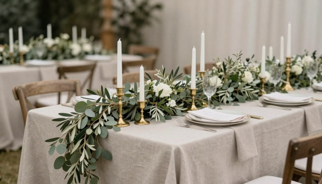 Long wedding reception table with cascading greenery garland and candles