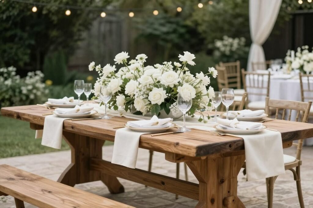 Long wooden farm table with silk runner and floral centerpieces