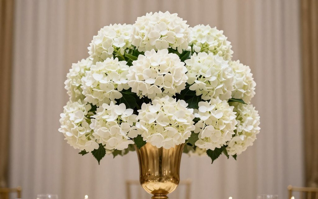 Lush white hydrangea centerpiece arrangement