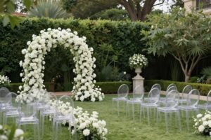 Luxury garden wedding ceremony with white floral arch and elegant seating