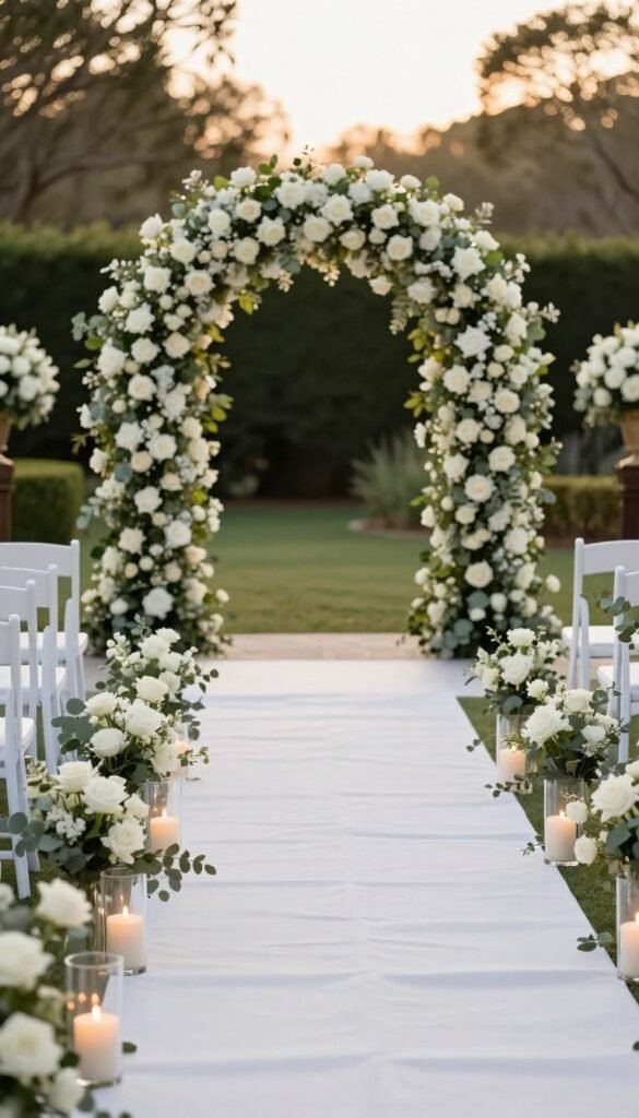 Luxury wedding aisle with white roses and greenery leading to elegant ceremony arch
