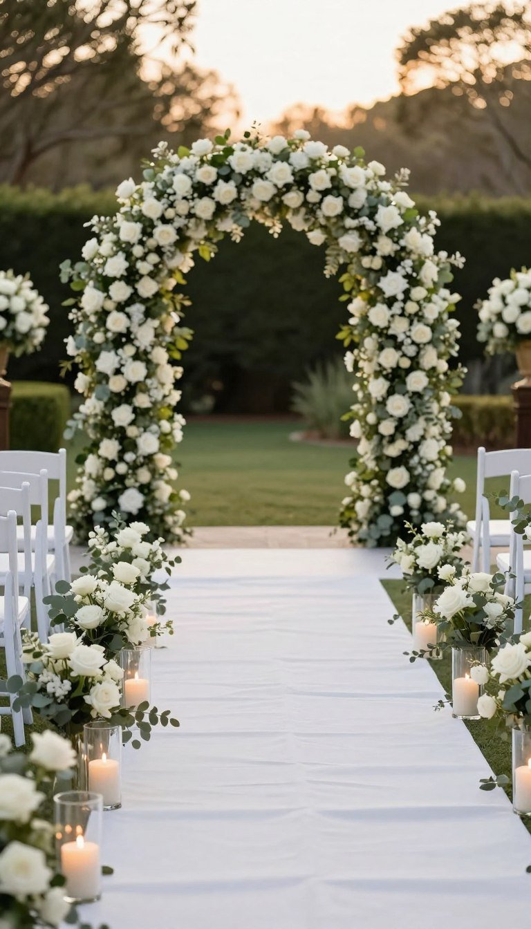Luxury wedding aisle with white roses and greenery leading to elegant ceremony arch