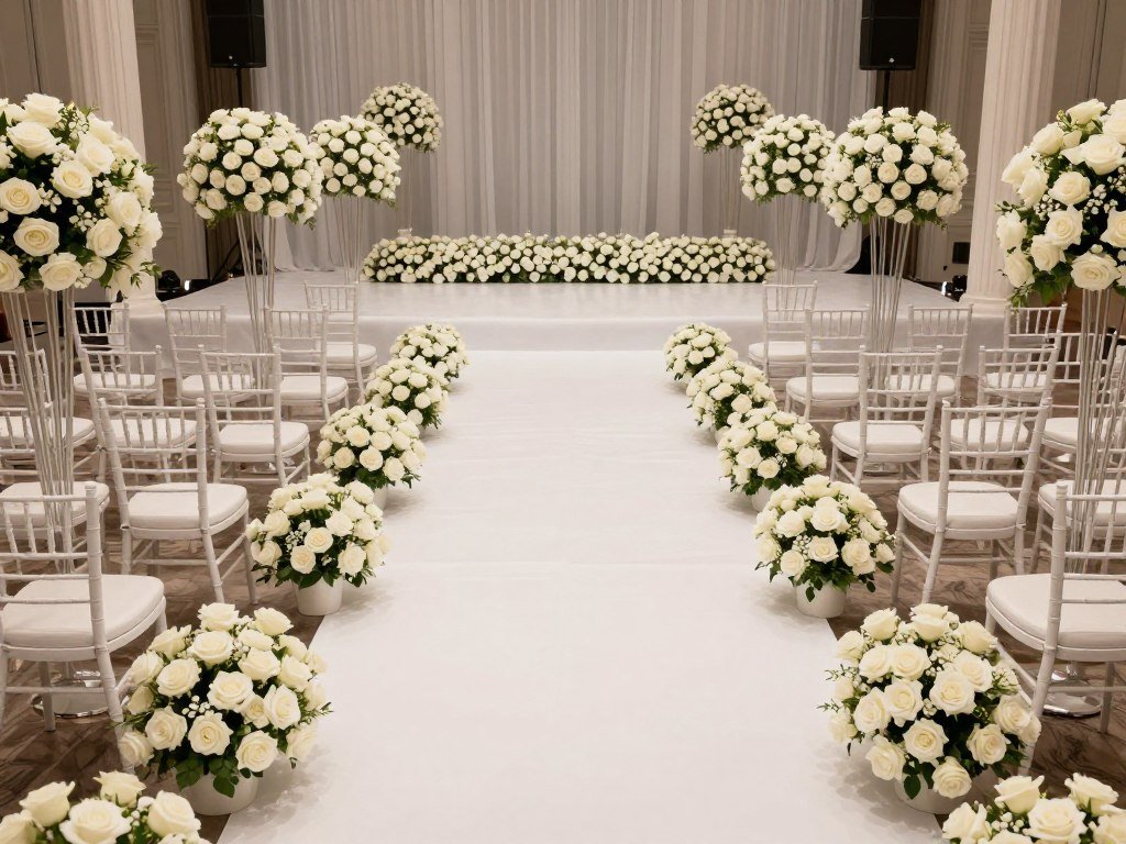 Luxury wedding ceremony setup showing proper aisle spacing with floral arrangements