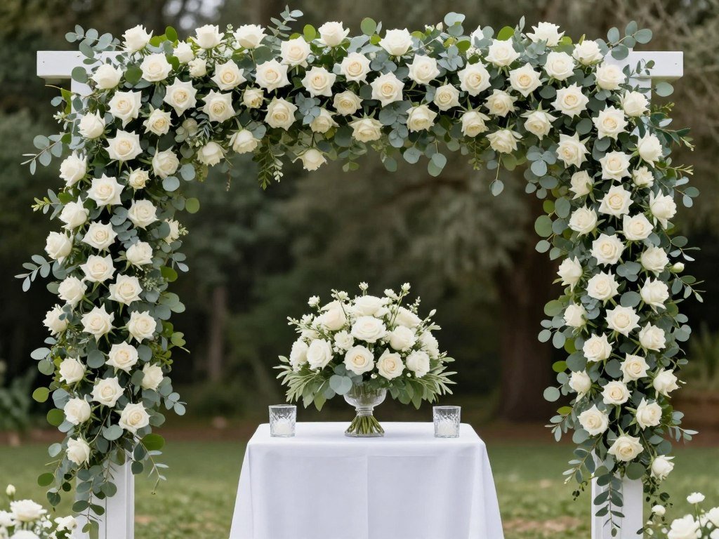Matching flowers from ceremony arch to reception centerpieces