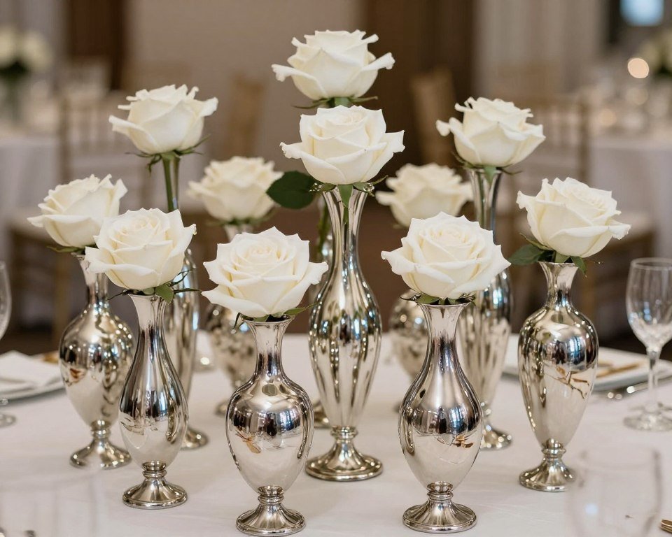 Mercury glass bud vases with single white flowers