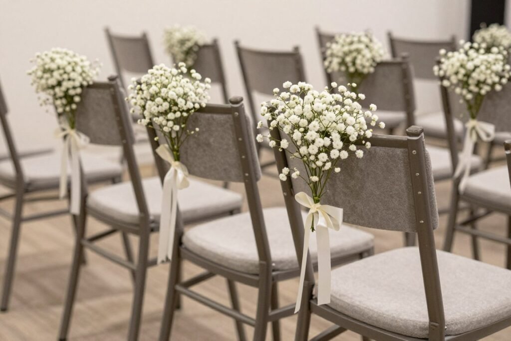 Minimal modern chair décor with small baby's breath clusters