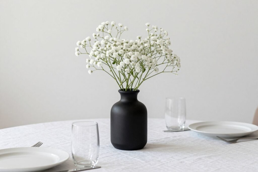 Minimalist baby's breath centerpiece in a sleek black vase
