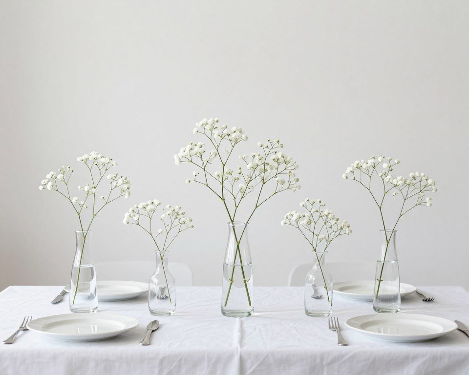 Minimalist baby's breath in clear bud vases of varying heights
