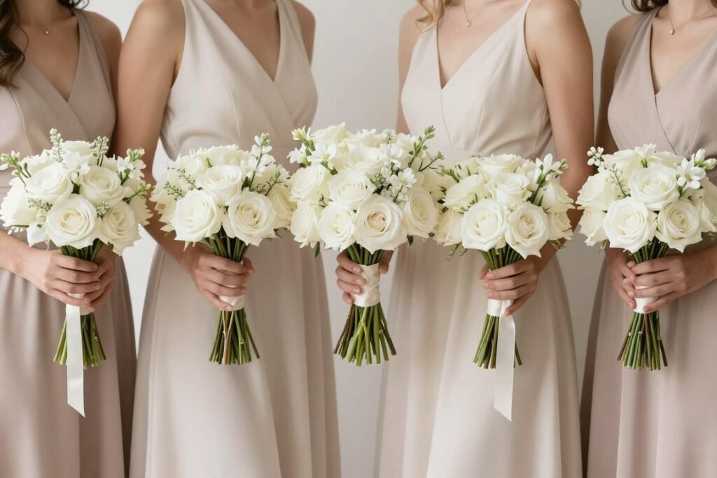 Minimalist bridesmaid bouquets in varying neutral tones