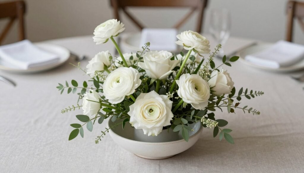 Minimalist low wedding centerpiece with white flowers and modern vessel
