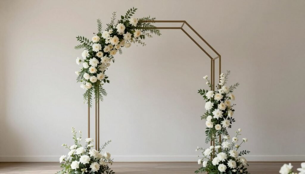 Minimalist wedding arch with strategic negative space between floral elements