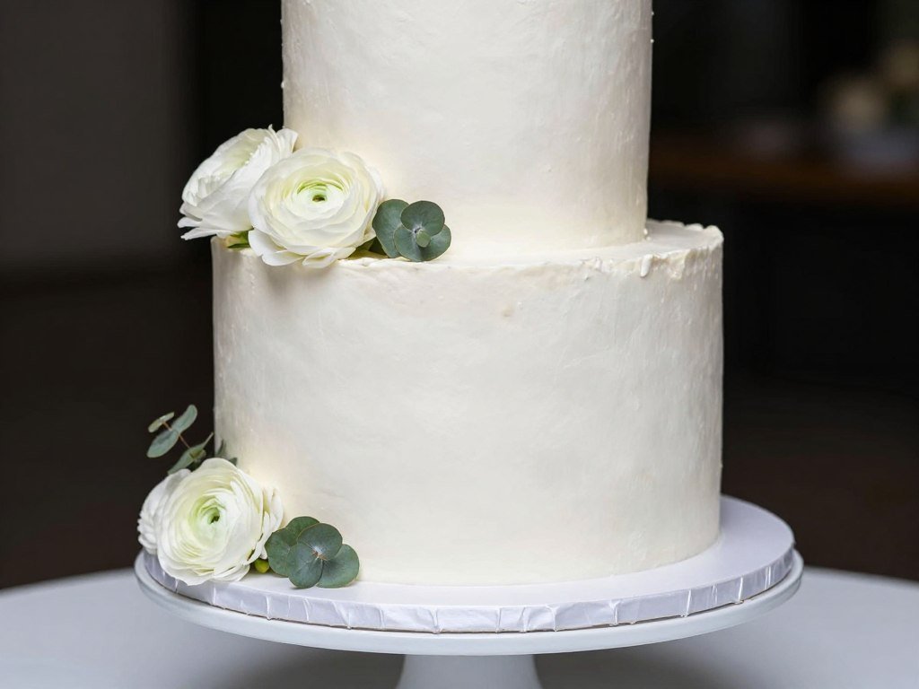 Minimalist wedding cake with strategic floral placement