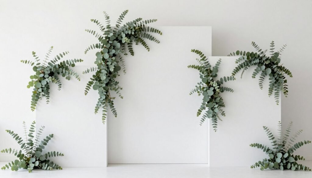 Minimalist wedding ceremony backdrop with architectural greenery installation