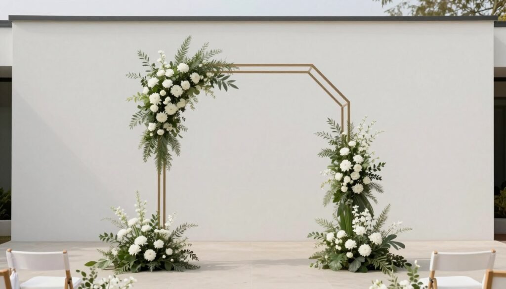Minimalist wedding ceremony setup with simple floral arch
