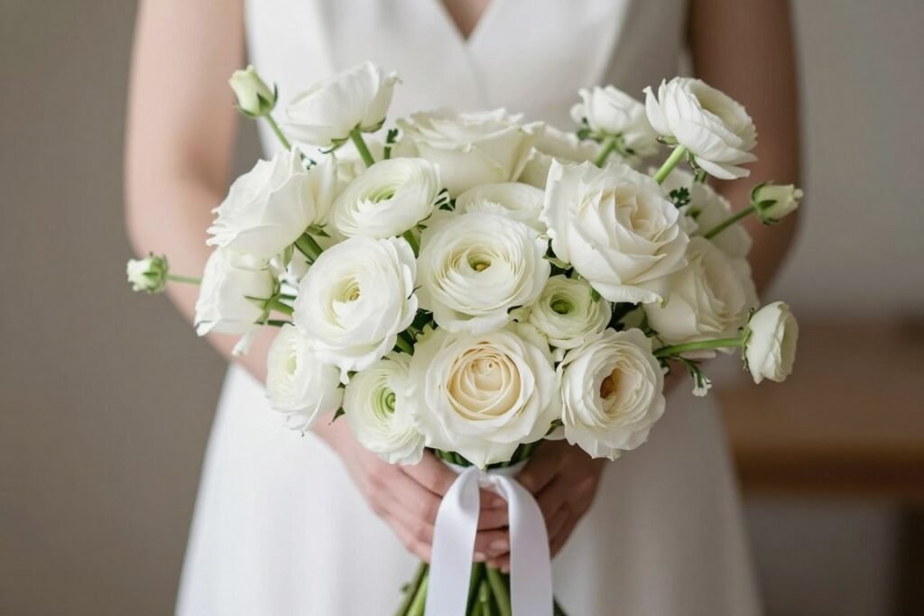 Minimalist white wedding bouquet with varied textures
