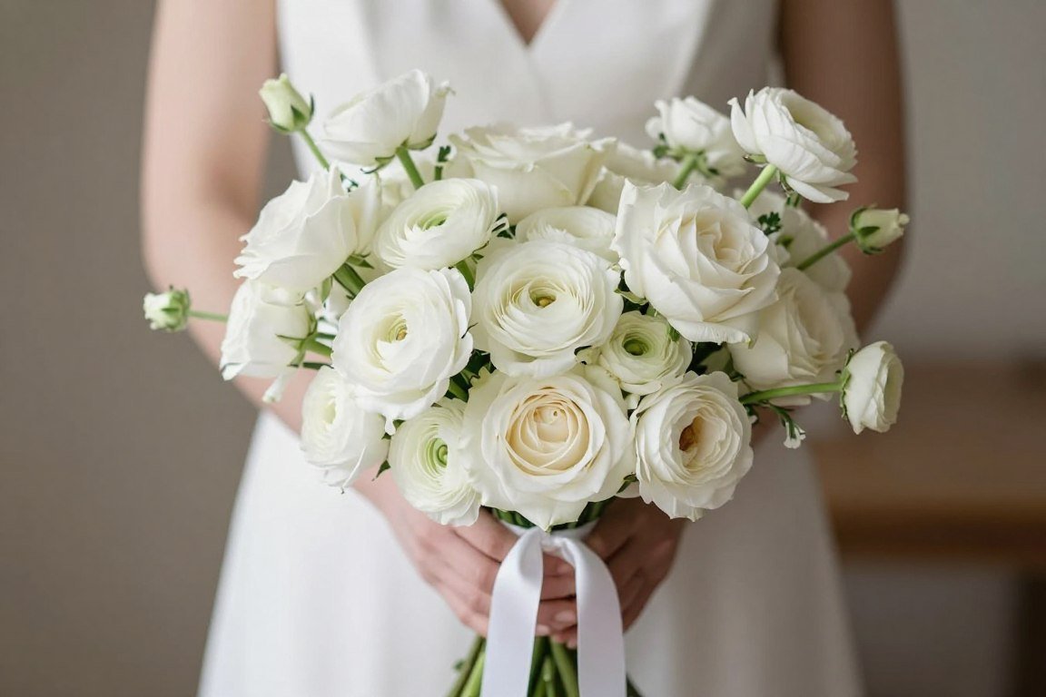 Minimalist white wedding bouquet with varied textures