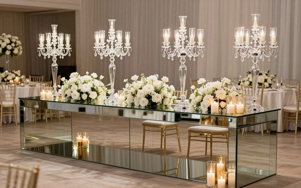 Mirrored wedding reception table with crystal and candlelight reflections