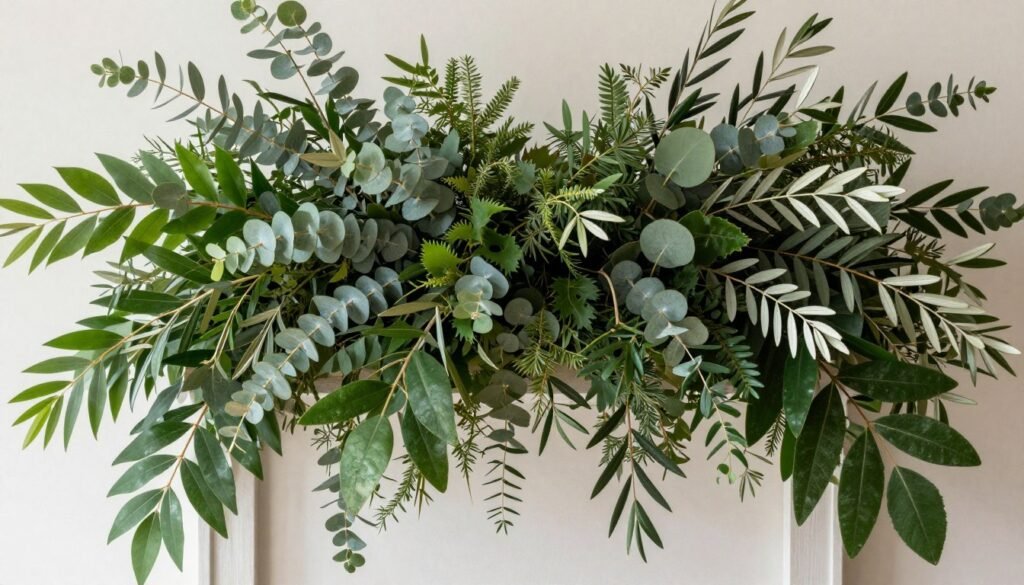 Mixed greenery in wedding arrangement