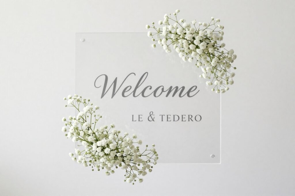 Modern acrylic welcome sign with asymmetrical baby's breath arrangement