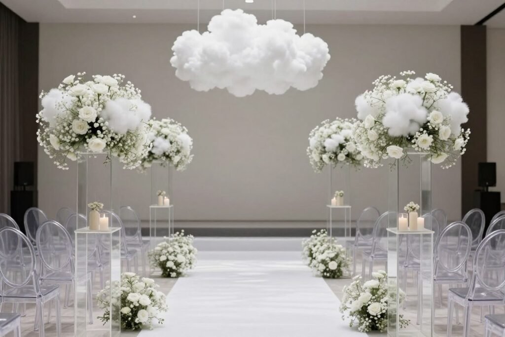 Modern baby's breath aisle markers on clear acrylic stands
