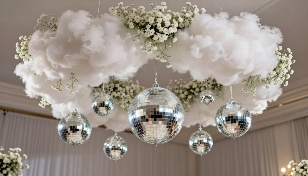 Modern baby's breath and disco ball ceiling installation