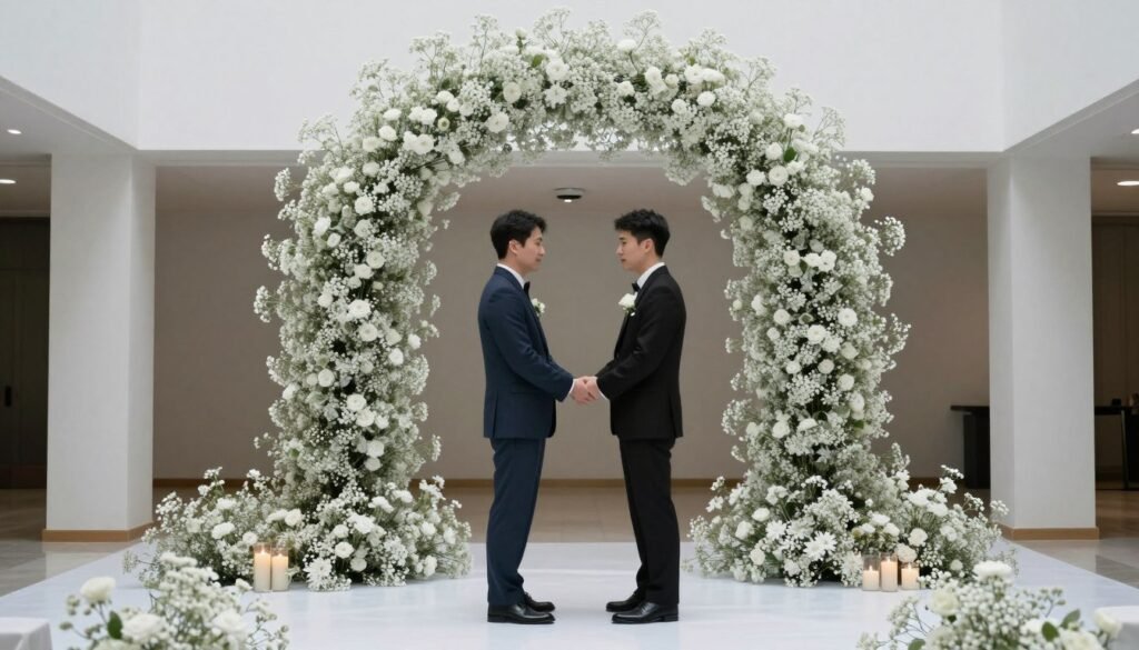 Modern baby's breath ceremony installation with architectural elements