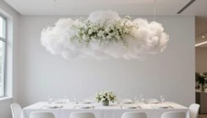 Modern baby's breath cloud installation over a minimalist wedding reception table
